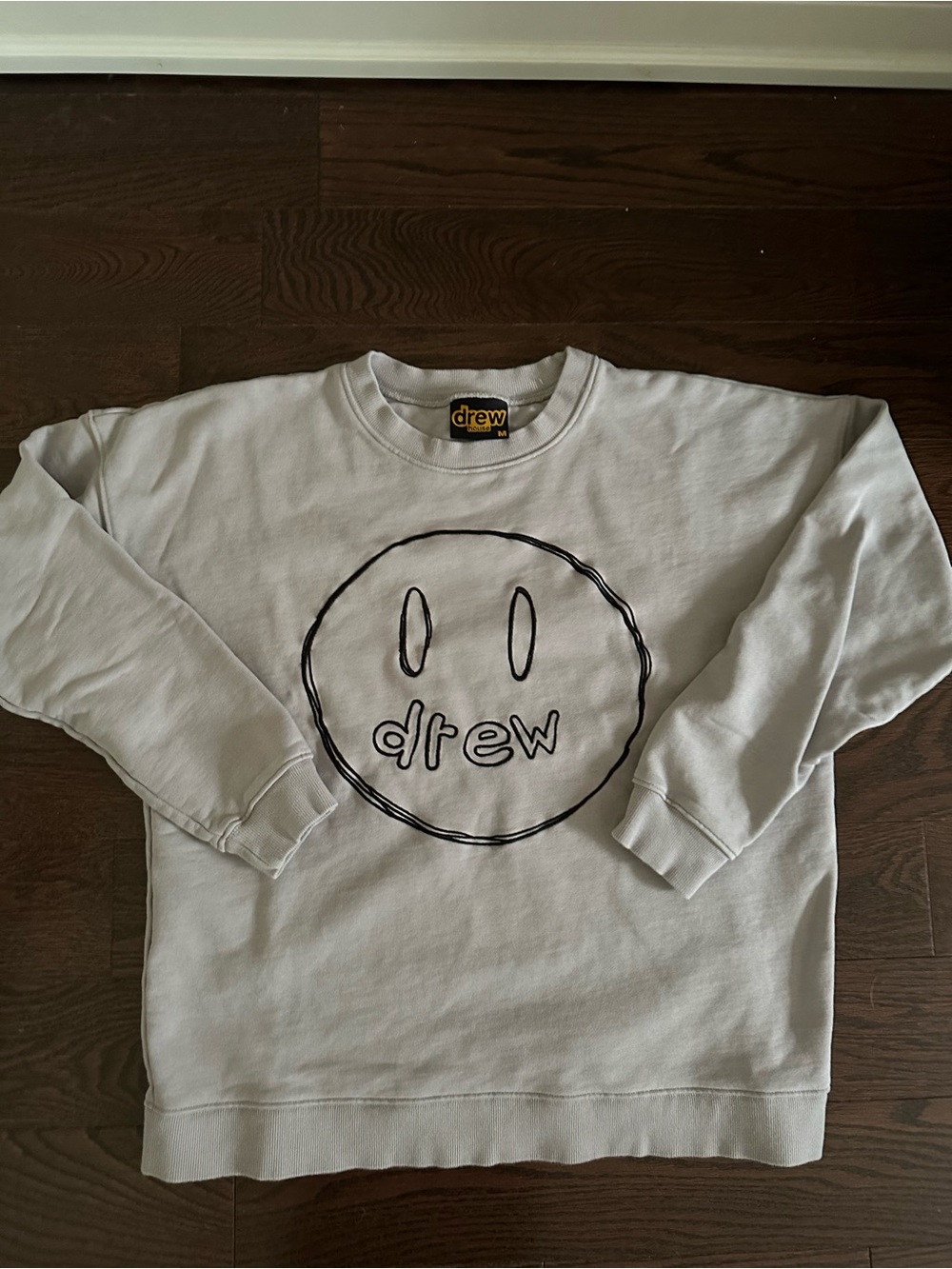 drew house White Crewneck Sweatshirt with Black Outline Smile Logo